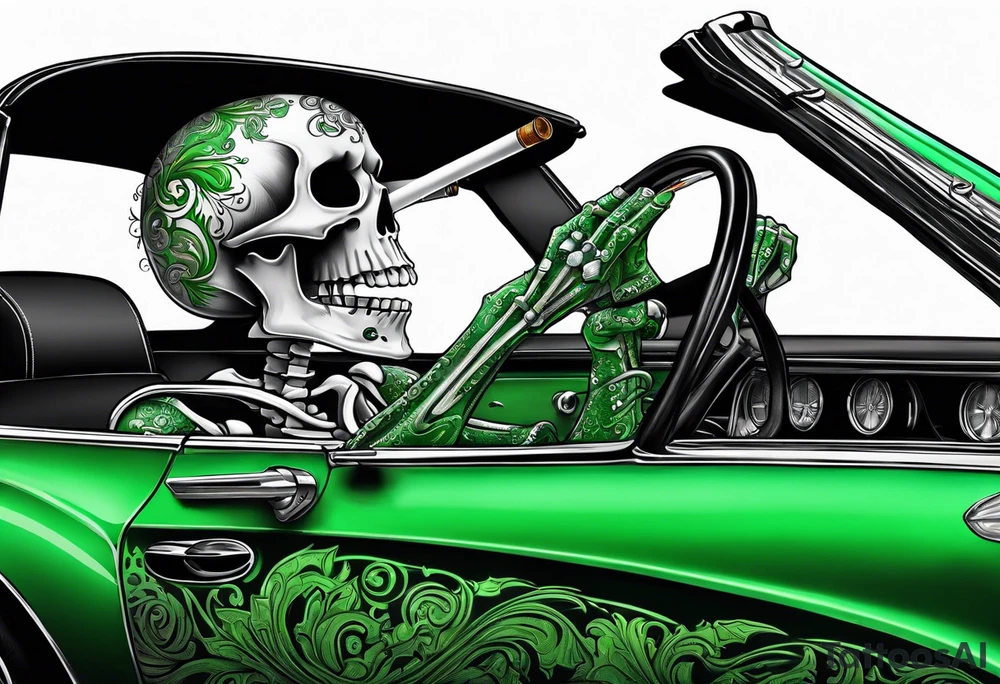 Skeleton smoking a cigarette driving a green 1976 convertible Corvette tattoo idea
