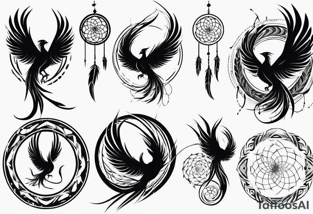 Vertical open mouthed flying Phoenix in circle with long abstract dream catcher feather tail tattoo idea