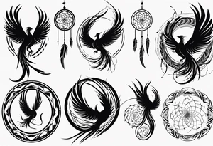 Vertical open mouthed flying Phoenix in circle with long abstract dream catcher feather tail tattoo idea
