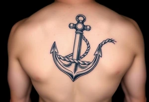 weathered anchor wrapped in nautical rope with sea waves tattoo idea