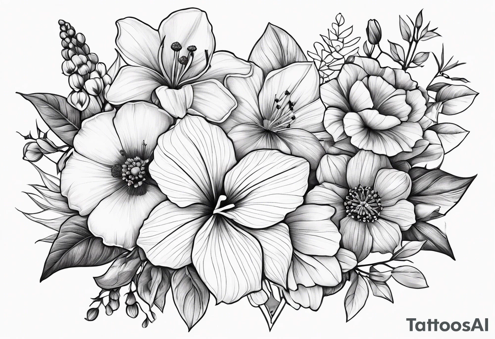 Floral Bouquet with blue hydrangea, Gladiolus, Poppy, Daisy, Sweet Pea, Narcissus, Poinsettia, and Holly tattoo idea