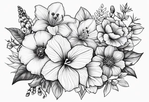 Floral Bouquet with blue hydrangea, Gladiolus, Poppy, Daisy, Sweet Pea, Narcissus, Poinsettia, and Holly tattoo idea
