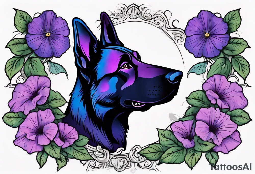 Black German shepherd face surrounded by blue and purple morning glories tattoo idea