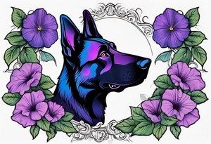 Black German shepherd face surrounded by blue and purple morning glories tattoo idea