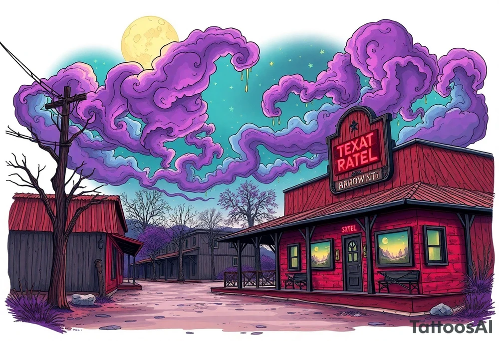 Tim Burton’s old western cowboy texas brothel r from outside view is the street abandoned and dripping with muted reds, dusty pinks, and eerie green glow purple and cyan smokey clouds swirl and dance in the moonlit night sky filled with twinkling stars  tattoo idea tattoo idea
