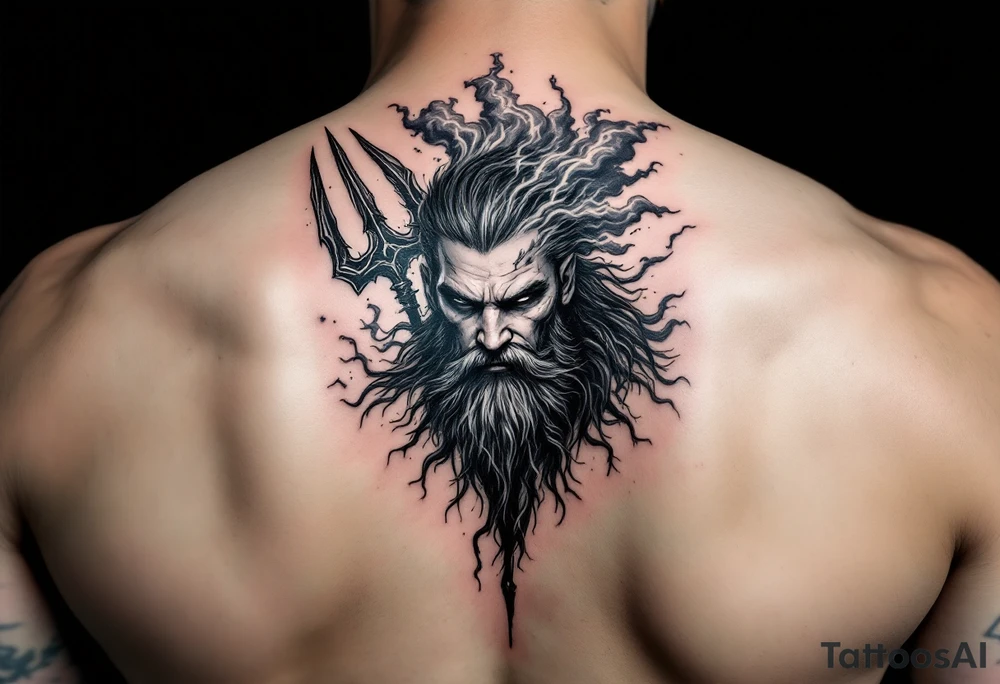 fit poseidon, behind a trident, with storm tattoo idea