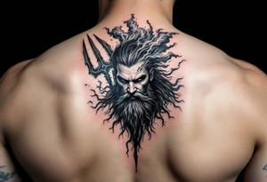 fit poseidon, behind a trident, with storm tattoo idea