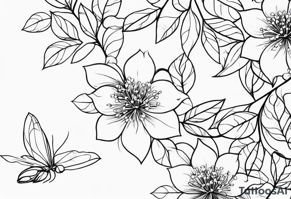 Shoulder and collarbone tattoo of a vibe of night-blooming Jasmine. The tattoo should have a spider web on the branches tattoo idea