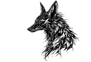 a creature that looks strongly like a combination of Anubis, and a black hound, with the tall pointy ears of a jackal, looking back, serious and daring tattoo idea