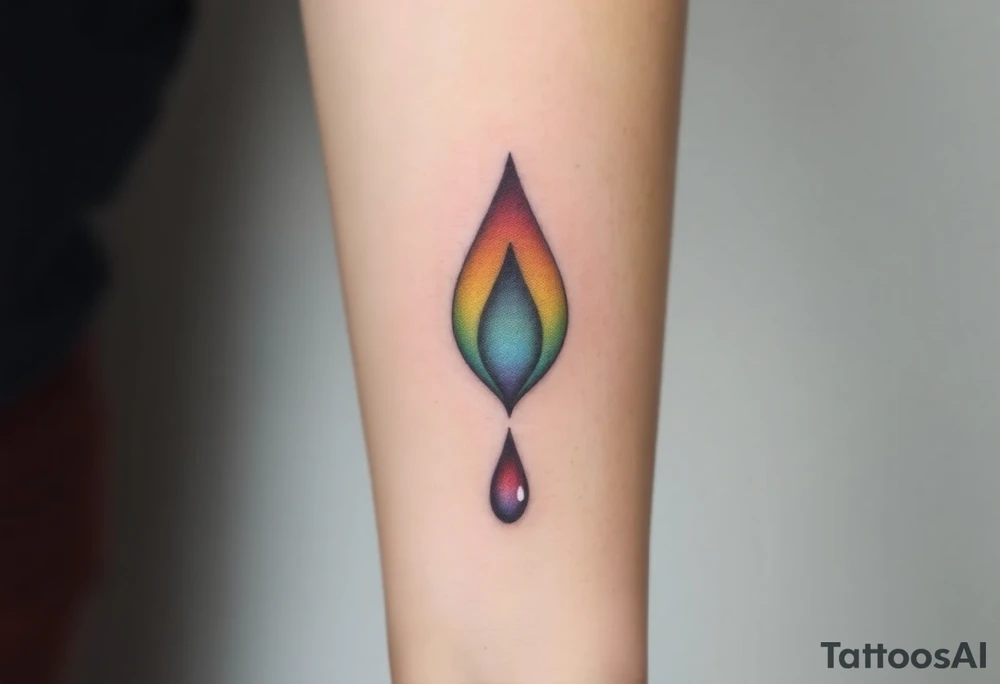 Teary eyea with a dripping large tear drop with a rainbow gradient, from rich red at the top to violet at the bottom tattoo idea