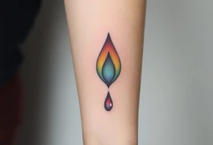 Teary eyea with a dripping large tear drop with a rainbow gradient, from rich red at the top to violet at the bottom tattoo idea