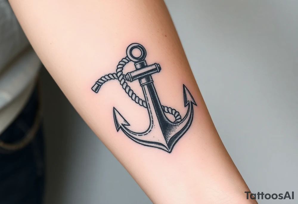 weathered anchor wrapped in nautical rope with sea waves tattoo idea