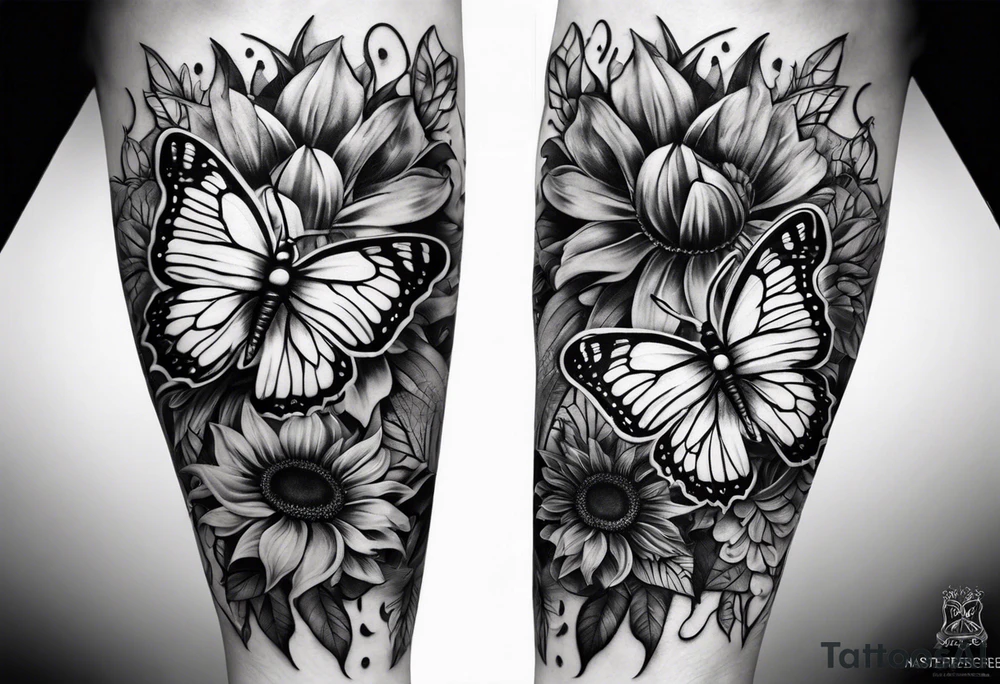 Arm sleeve with sunflowers and butterflies tattoo idea
