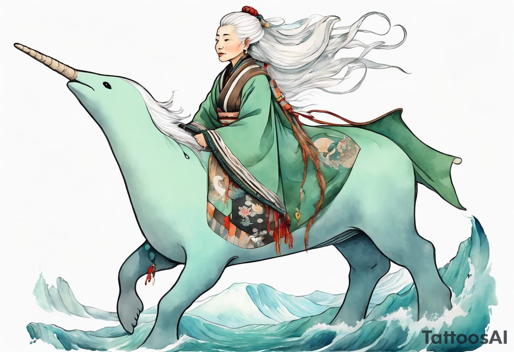 a 45-year-old Sami woman with white  hair wearing a white and mint cloak riding on the back of a narwhal tattoo idea