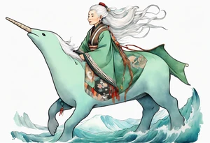 a 45-year-old Sami woman with white  hair wearing a white and mint cloak riding on the back of a narwhal tattoo idea