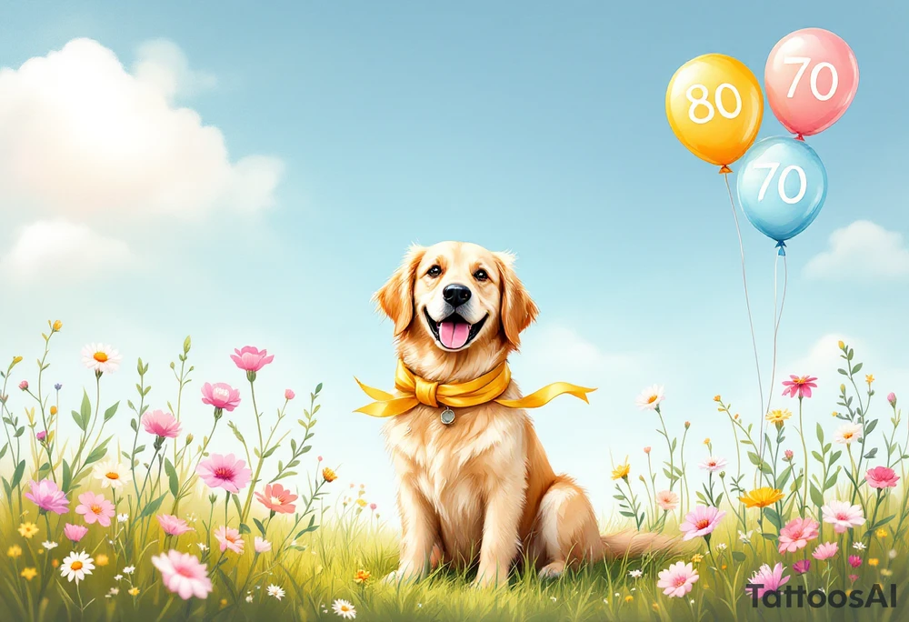 Imagine a golden retriever sitting in the middle of a blooming meadow, surrounded by soft sunlight and pastel-colored flowers. The dog has a large golden ribbon tied around its neck and cheerful balloons floating beside it, with the numbers "80" and "70" clearly displayed. Its expression is joyful and full of warmth. Above the scene, in elegant handwriting, a message reads:
“The entire Albi team warmly congratulates you on your life’s milestone!”
The overall style is soft, watercolor-inspired, perfect for a heartfelt greeting card filled with gentleness and gratitude. tattoo idea