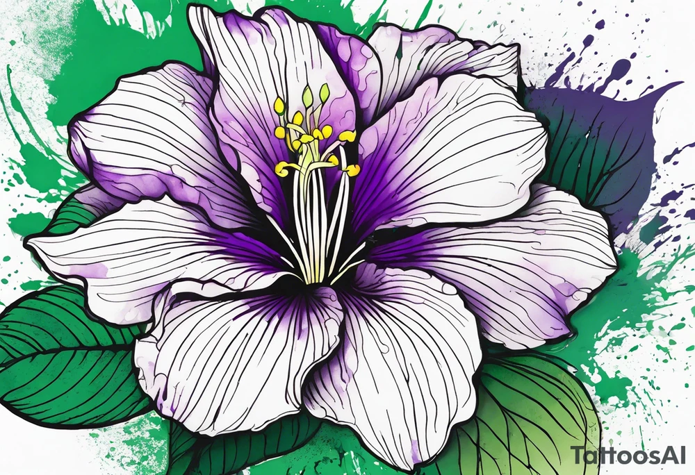 An outline of a rio dipladenia flower with a green and purple watercolor splash in the background tattoo idea