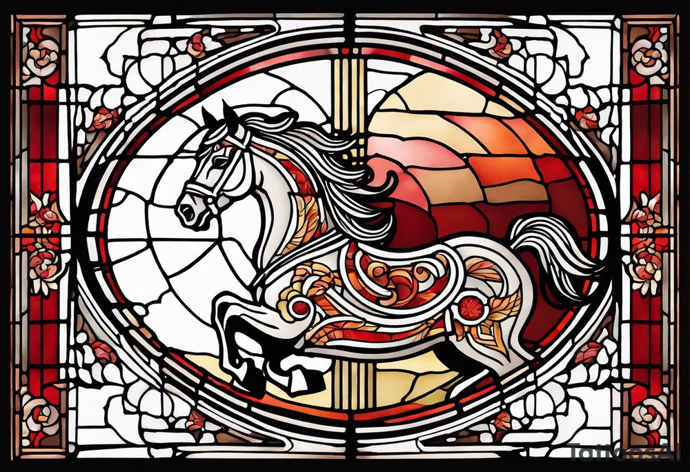 an arched stained glass window with a horse's head. The horse is red and brown colour. tattoo idea