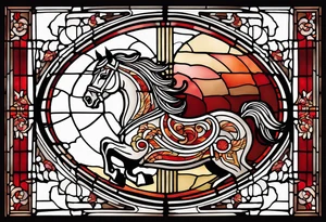 an arched stained glass window with a horse's head. The horse is red and brown colour. tattoo idea