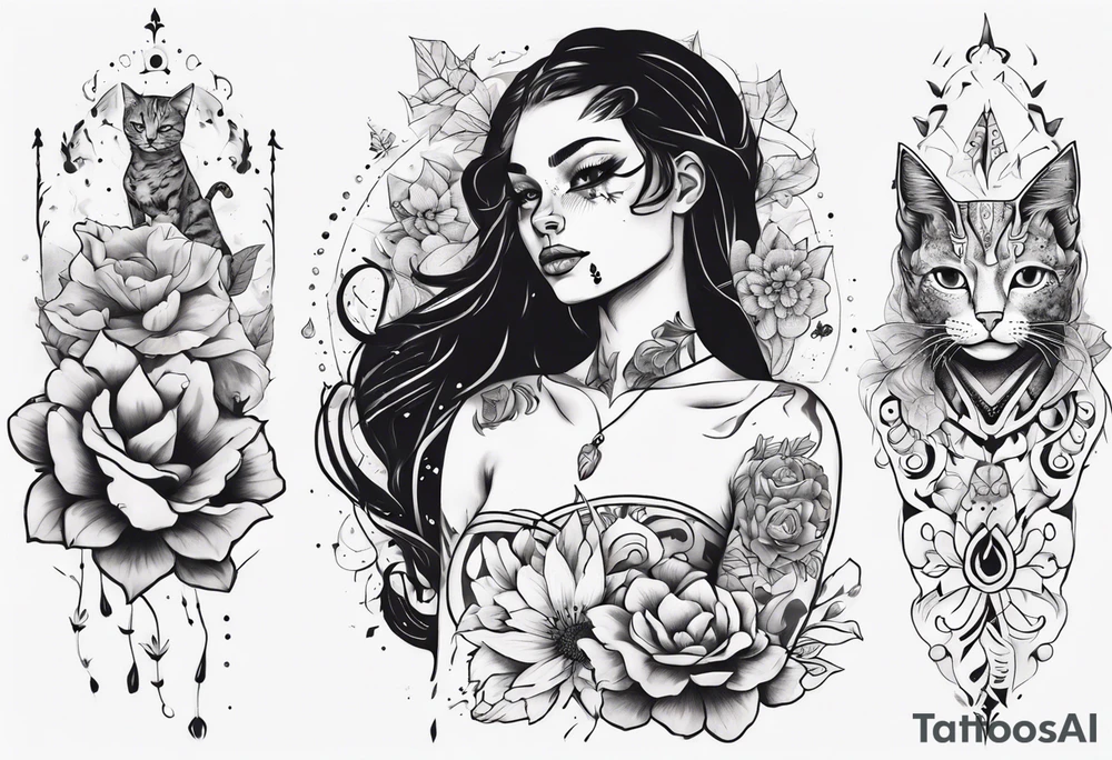 B&w tattoo arm with flowers dotting work and with an cat in it and a dark elf woman Scandinavian tattoo idea