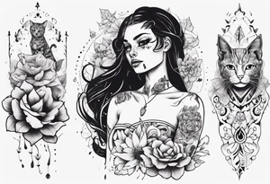 B&w tattoo arm with flowers dotting work and with an cat in it and a dark elf woman Scandinavian tattoo idea