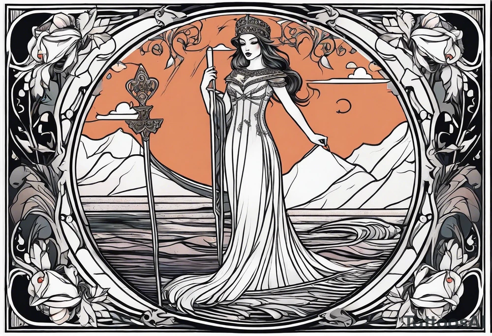 Lady of the lake in a tarot card design tattoo idea