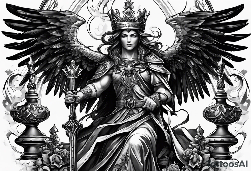 Design a scenario where an angelic piece puts the demonic king in checkmate, signifying the triumph of good over evil in a strategic and symbolic way tattoo idea