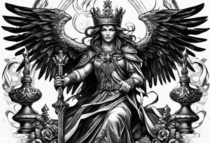 Design a scenario where an angelic piece puts the demonic king in checkmate, signifying the triumph of good over evil in a strategic and symbolic way tattoo idea