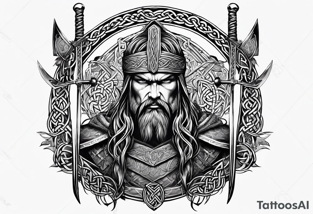 Wide shot of a Celtic warrior with weapons unsheathed tattoo idea