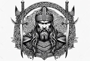Wide shot of a Celtic warrior with weapons unsheathed tattoo idea