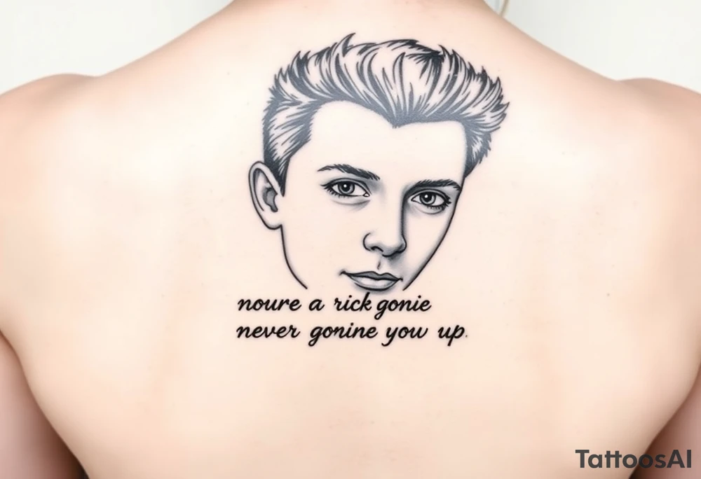 Young Rick Astley Face with Never Gonna Give You Up text tattoo idea