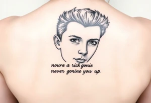 Young Rick Astley Face with Never Gonna Give You Up text tattoo idea