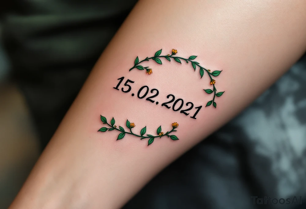 Luky name 15. 02. 2021 – Deep emerald green vine twisting around Lucas's birthdate, with small yellow blooms dotting the numbers. tattoo idea