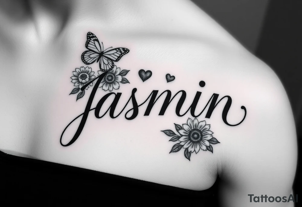 I NEED THE NAME JASMIN, THE DOT IN THE LETTER I TO BE A HEART, AND  BUTTERFLIES AND SUNFLOWERS AND SOME ROSES. I WANT THE ROSES TO UNDER THE TOP PART OF THE LETTER “J” AND FOR THE SUNFLOWERS, I WANT THOSE TO BE UNDER THE LETTER “N”, I WANT 2 ROSES AND 3 SUNFLOWERS. I want it to be on the right side of my chest, and for it to be in cursive tattoo idea