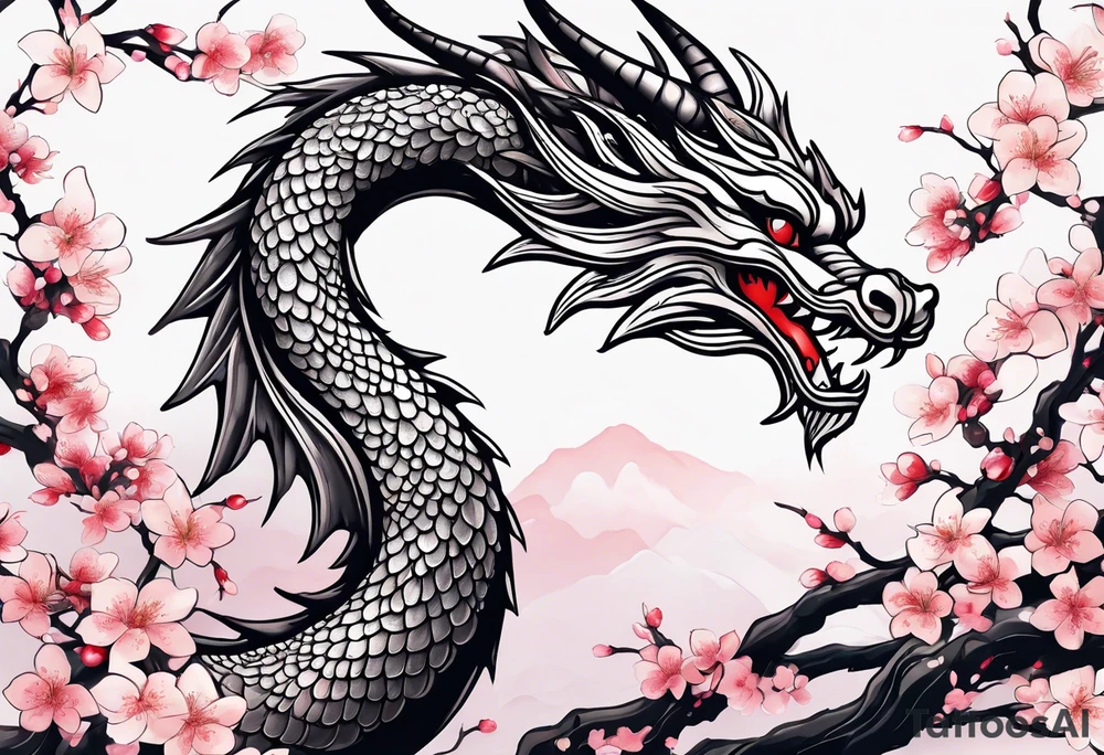 Delicate feminine simple dragon intertwined in cherry blossom, soft lines, soft dragon, pleasant dragon, beautiful cherry blossom tattoo idea