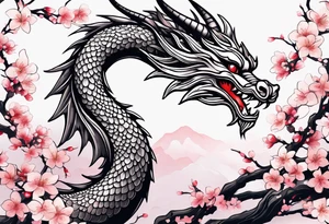 Delicate feminine simple dragon intertwined in cherry blossom, soft lines, soft dragon, pleasant dragon, beautiful cherry blossom tattoo idea