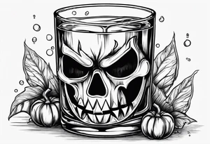 glass of whiskey with one single ice cube that is the Halloween jack-o-lantern tattoo idea