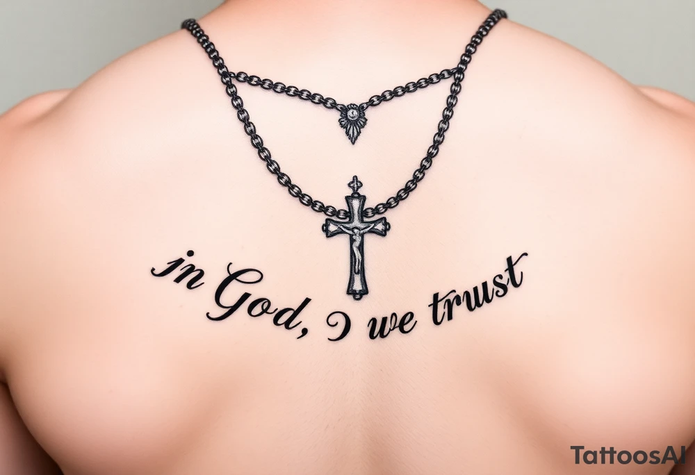 Necklace Rosary surrounded by the words "In God We Trust" tattoo idea