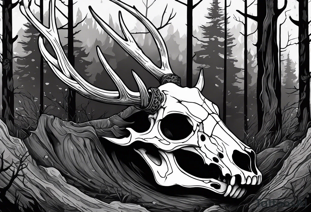 A SCARY side view of a decayed deer skull NO SKIN JUST BONE surrounded by a forest fire in background tattoo idea