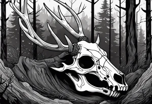 A SCARY side view of a decayed deer skull NO SKIN JUST BONE surrounded by a forest fire in background tattoo idea