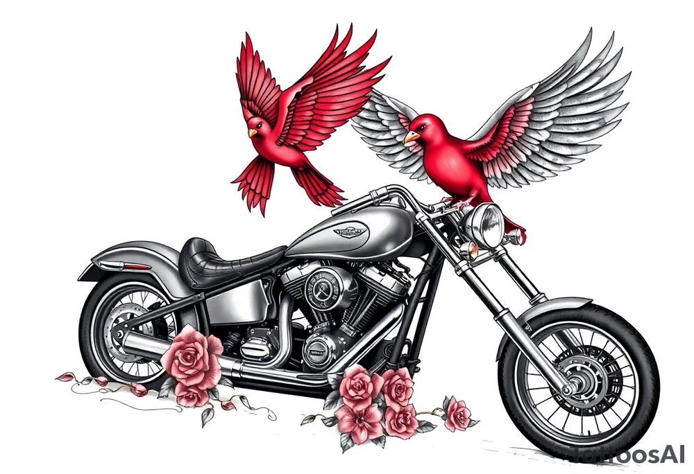 Harley grey motorcycle driving away, two red birds flying, roses, flames, angel wings tattoo idea