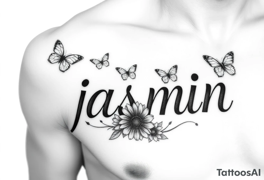i need the name jasmin on the right side of a males chest, and with the letter “i” having a heart as the dot, and then i want some roses on the letter j and 3 sunflowers on the letter n and for it to be in cursive with some butterflies around it tattoo idea