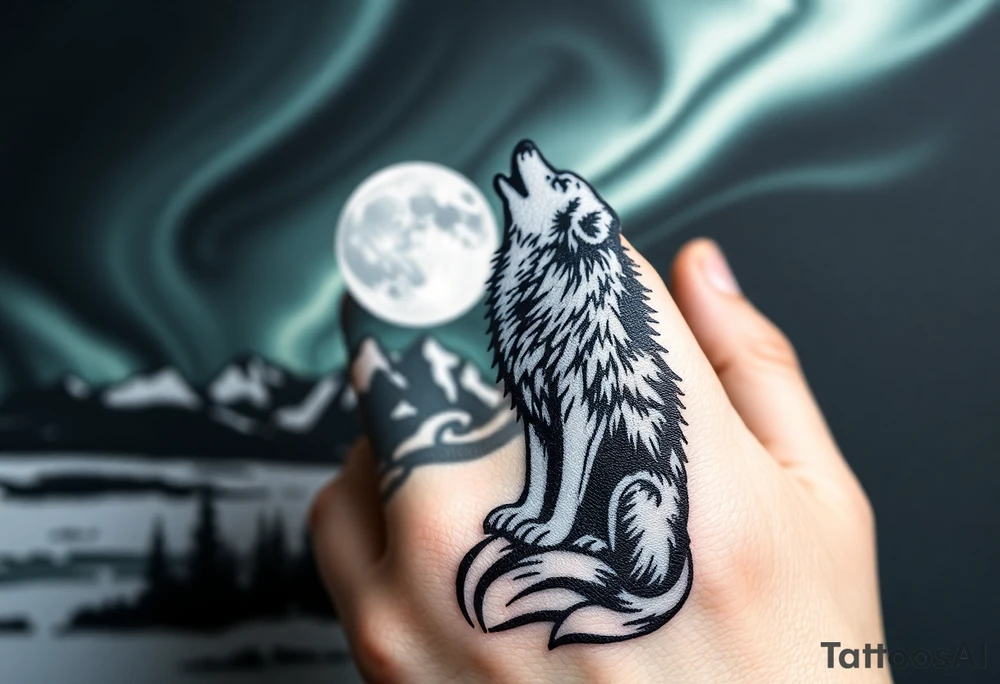 lone wolf howling at full moon with northern lights backdrop tattoo idea