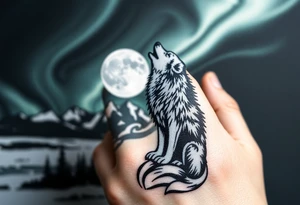 lone wolf howling at full moon with northern lights backdrop tattoo idea
