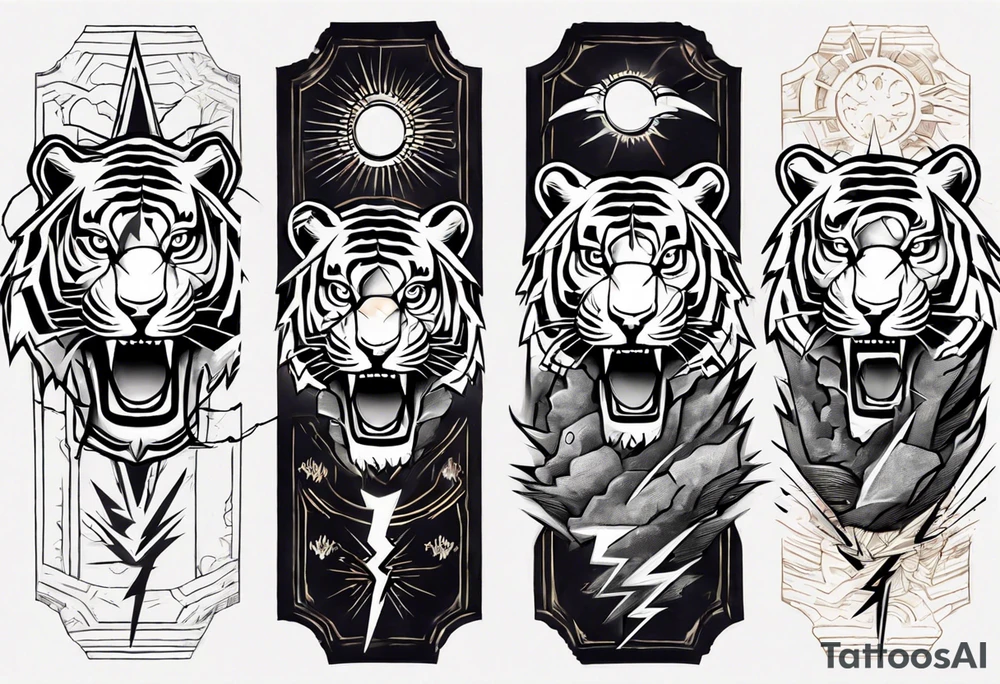 Ancient tiger with lightning and a sun for a forearm sleeve. With patterns surrounding it tattoo idea