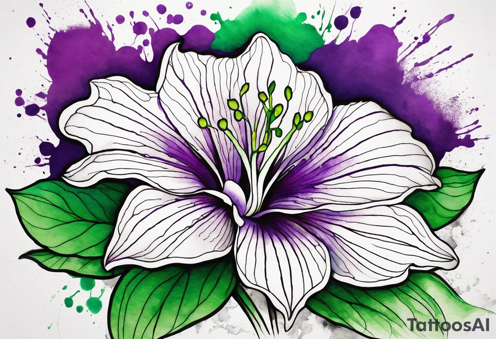 A mystical outline of a rio dipladenia flower with green/purple pedals and a green/purple watercolor splash in the background tattoo idea