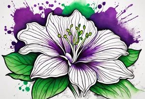 A mystical outline of a rio dipladenia flower with green/purple pedals and a green/purple watercolor splash in the background tattoo idea