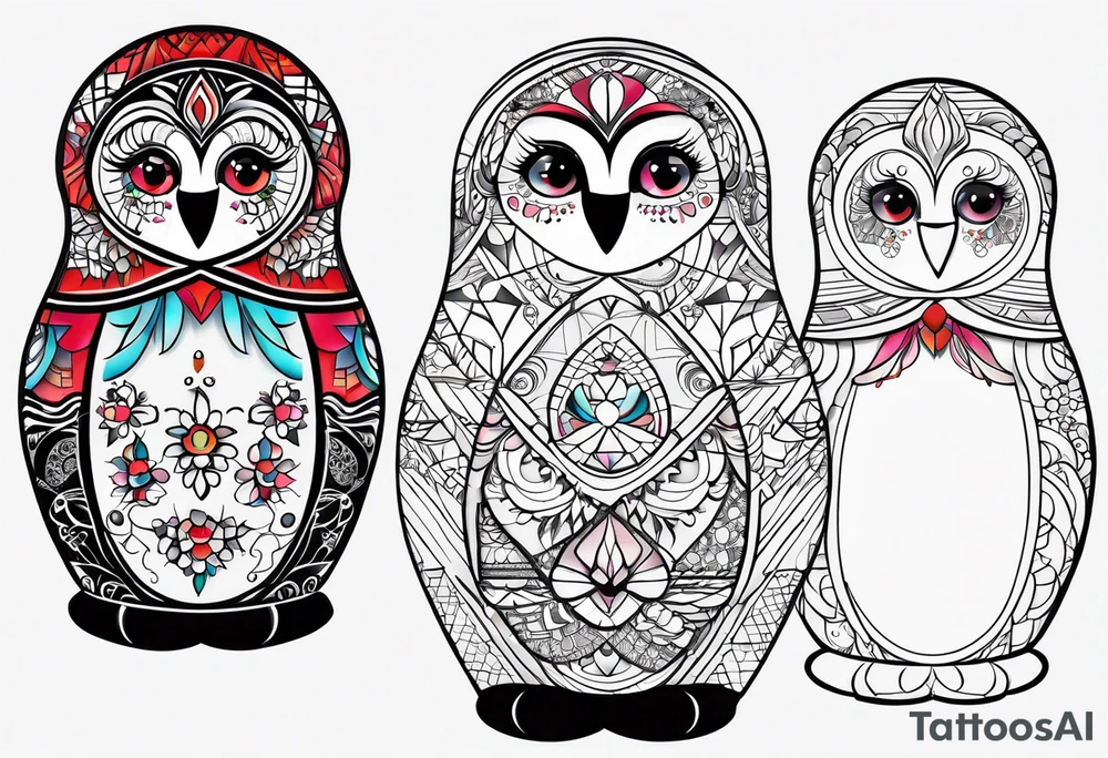 Russian doll with geometric patterns, with lots of designs around the doll tattoo idea