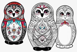 Russian doll with geometric patterns, with lots of designs around the doll tattoo idea