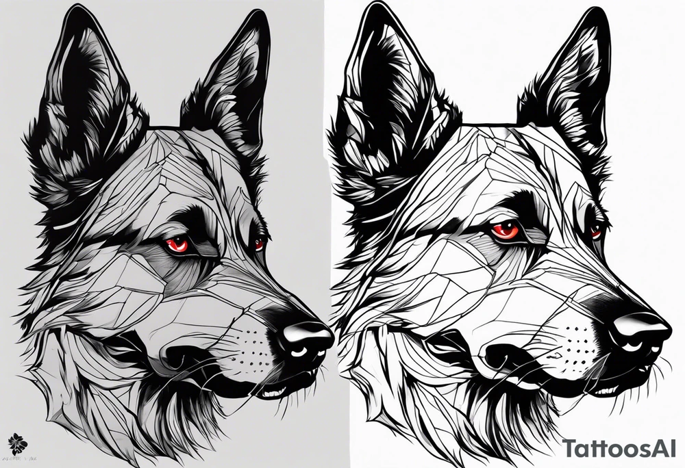 Create aggressive, vicious dog, with some blood coming out of his mouth and saliva. Make it a drawing and use the image of reference. I am going to add. I want HIM TO BE ANGRY WITH RED EYES use VICIOUS German shepherd tattoo idea